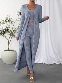 SHEIN Essnce con slogan tejido de canalé Top tank & Leggings & con parte delantera abierta Abrigo - Neblina azul - Ver 5