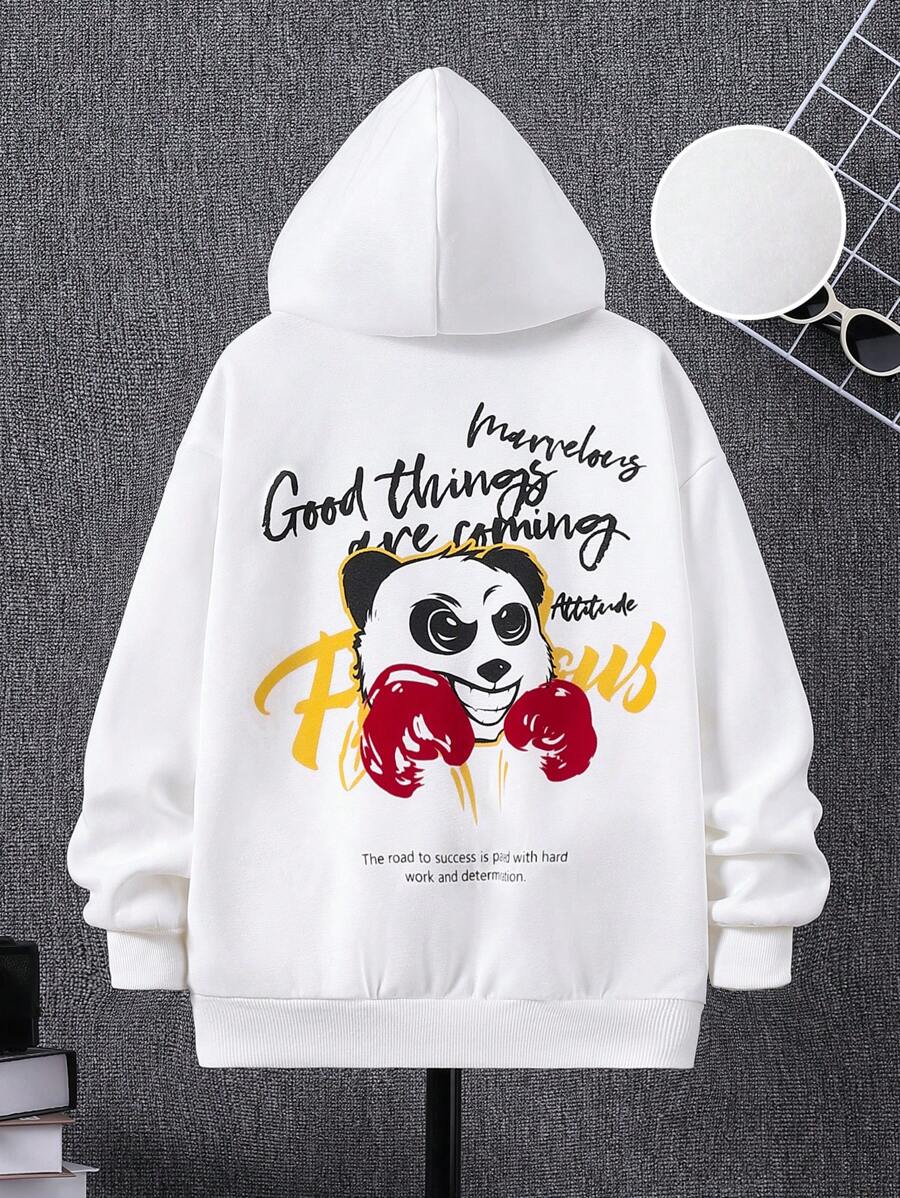 SHEIN Tween Boy Panda & Slogan Graphic Drop Shoulder Zip Up Thermal Hoodie