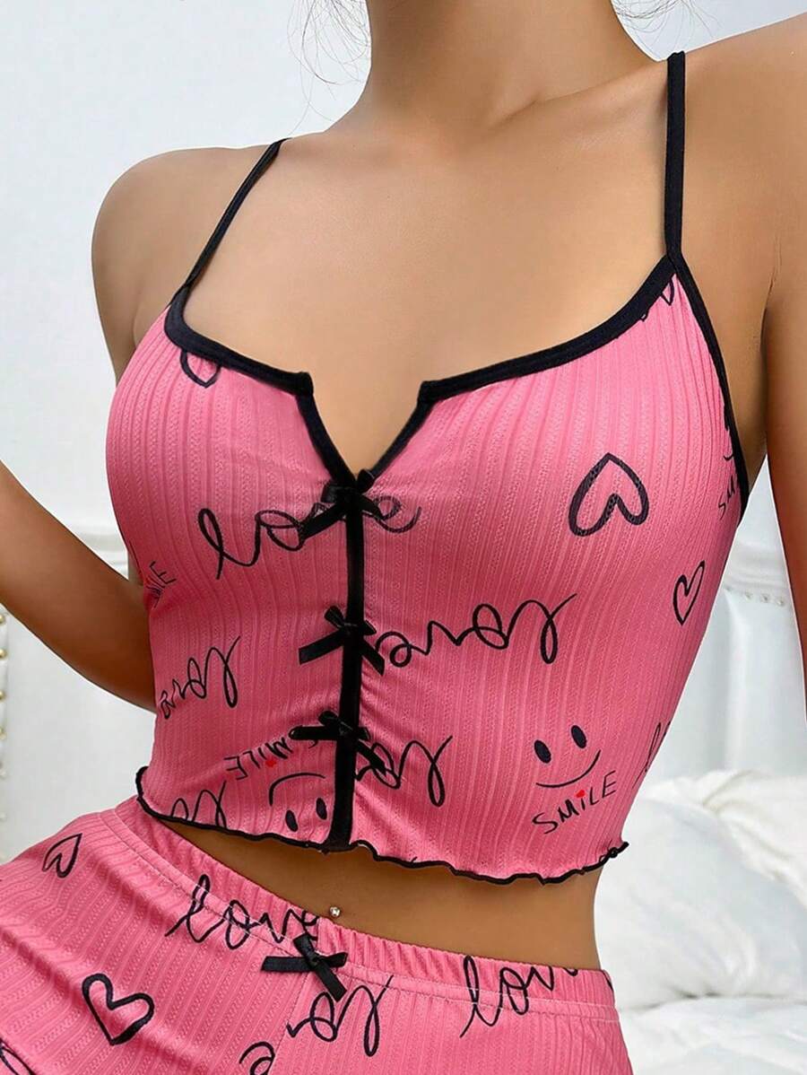 Đồ họa Trái tim & Chữ cái Tương phản ràng buộc Nơ mặt trước Hai Dây Áo mặc nhà - Màu Hồng Tươi - Xem 1