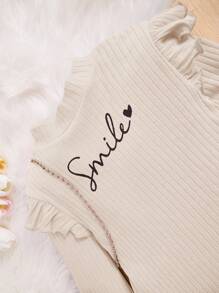 SHEIN Cô gái Tween Đồ họa Chữ cái Viền Ruffle Cổ giả Áo thun - Màu be - Xem 3