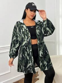 SHEIN EZwear Kích thước lớn Của phụ nữ Màu Khaki Ngụy trang Lỏng lẻo áo có mũ Áo khoác - Nhiều màu - Xem 3