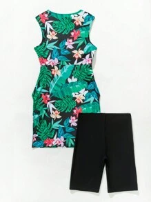 Tropical Print Zip Front Tankini - Multicolor - View 4