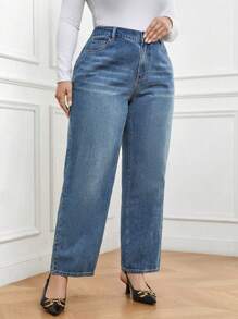 SHEIN LUNE 大碼拉鏈門襟直筒牛仔褲 - 中等水洗藍 - 查看 4