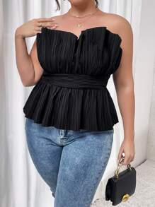 SHEIN Privé Plus Plisse Peplum Tube Top - Black - View 1