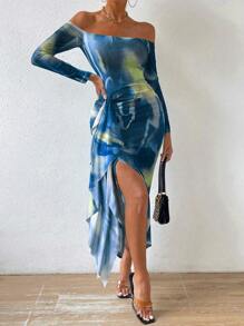 Chiquease Tie Dye Off Shoulder Ruched Split Thigh Dress - Dark Wash - View 1