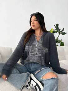 SHEIN EZwear 大碼段染落肩袖抽繩連帽開襟衫 - 彩色 - 查看 5