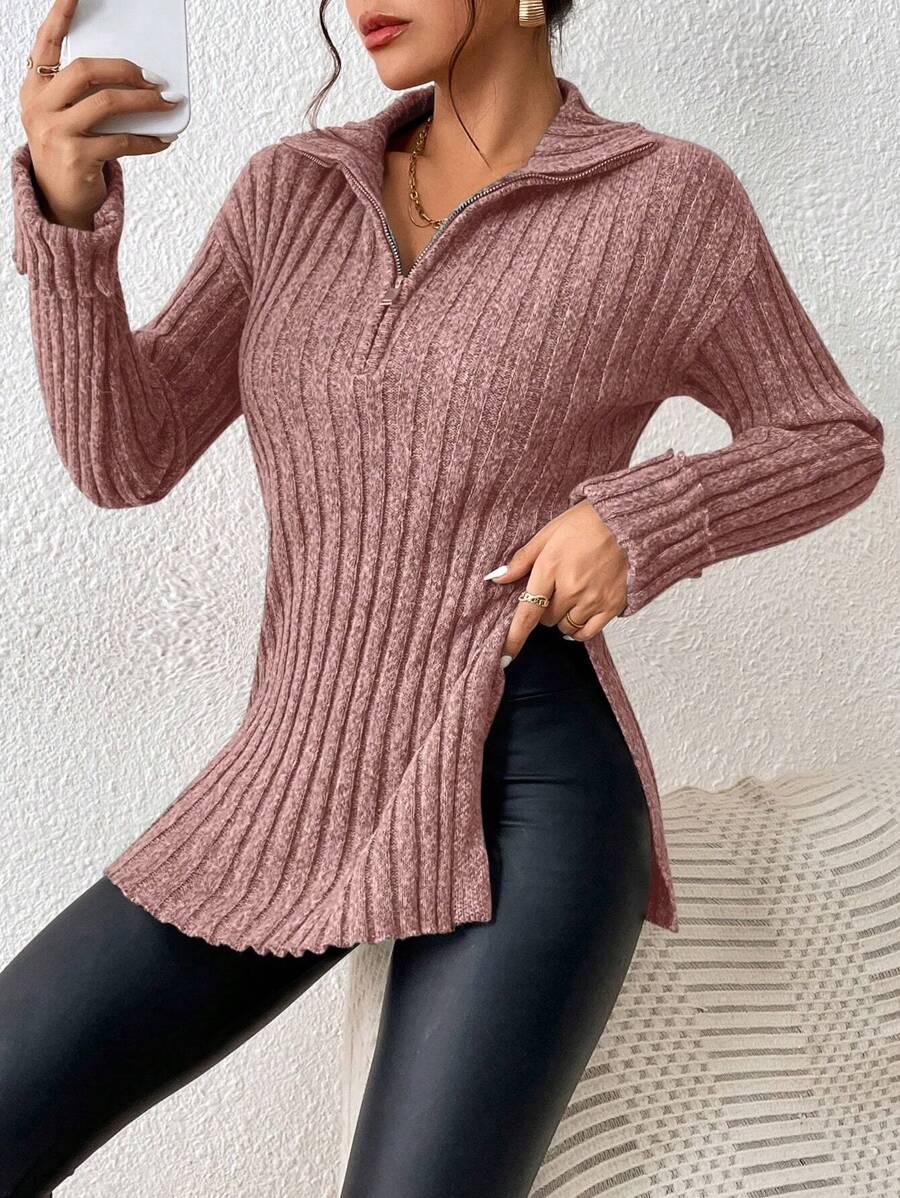 SHEIN Frenchy Suéter de punto acanalado con cremallera media, bajo dividido y hombros caídos para otoño/invierno - Rosa - Ver 1