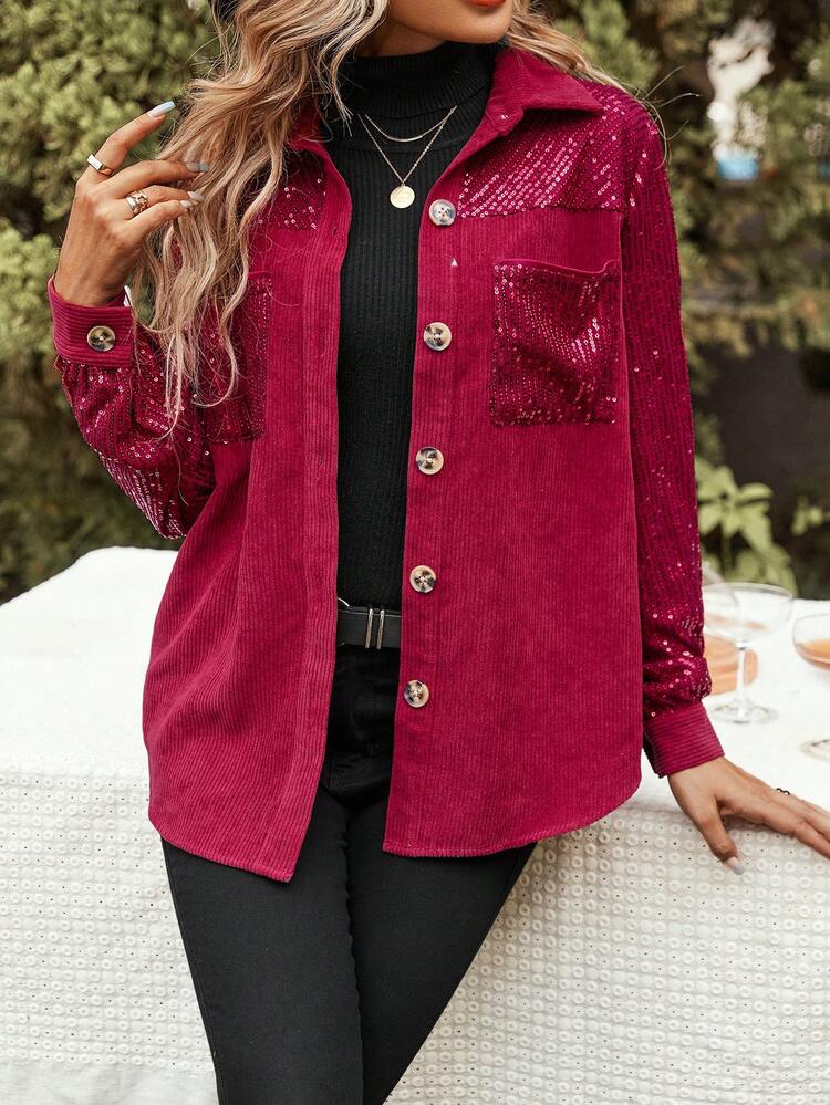Contrast Sequin Pocket Patched Button Front Corduroy Coat