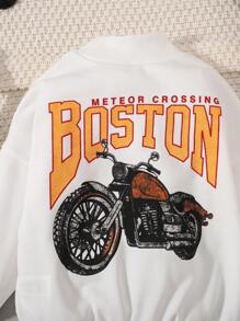 SHEIN 男小童摩托車和字母圖案落肩袖運動衫 - 白色 - 查看 6