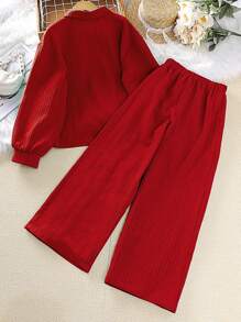 Left Mama Tween Girl Solid Button Front Shirt & Wide Leg Pants - Red - View 2