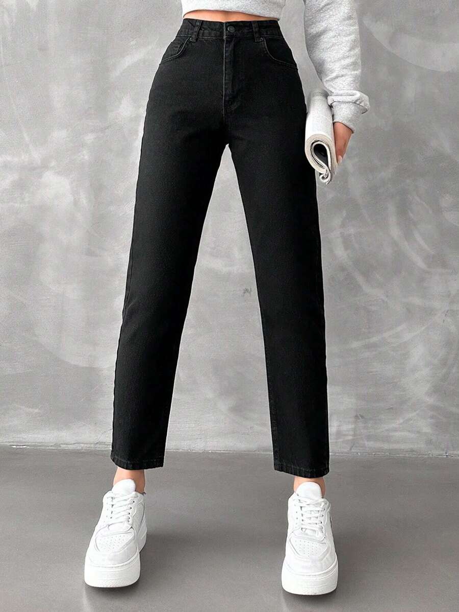 RueChic High Waist Mom Fit Jeans - Black - View 1