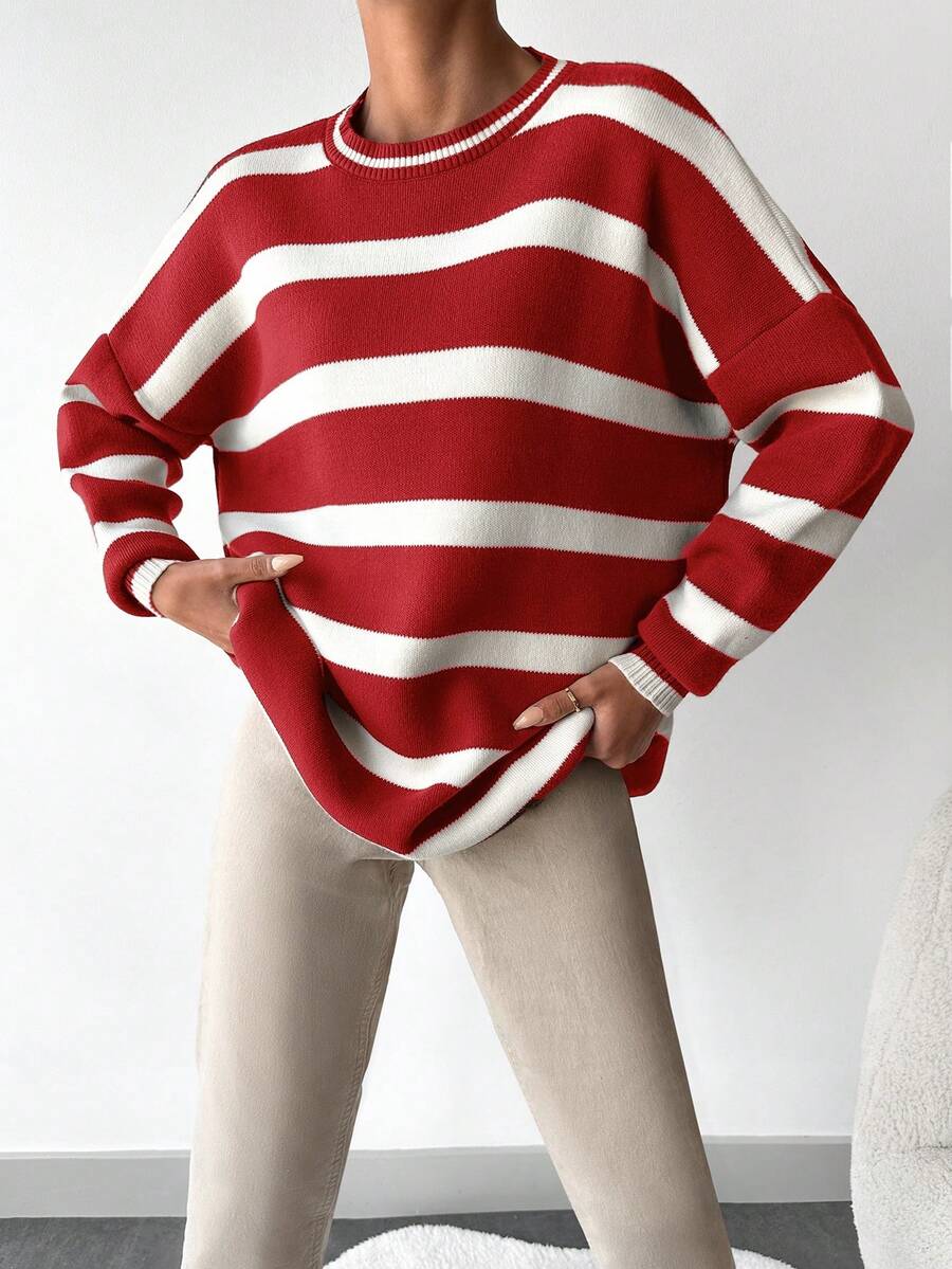 SHEIN Cottnline Striped Pattern Drop Shoulder Sweater - Red - View 1
