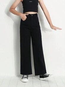 SHEIN Tween Girl Y2K Street Daily Elastic Waist Straight Jeans With Flat Pockets, Daily - Black - View 3