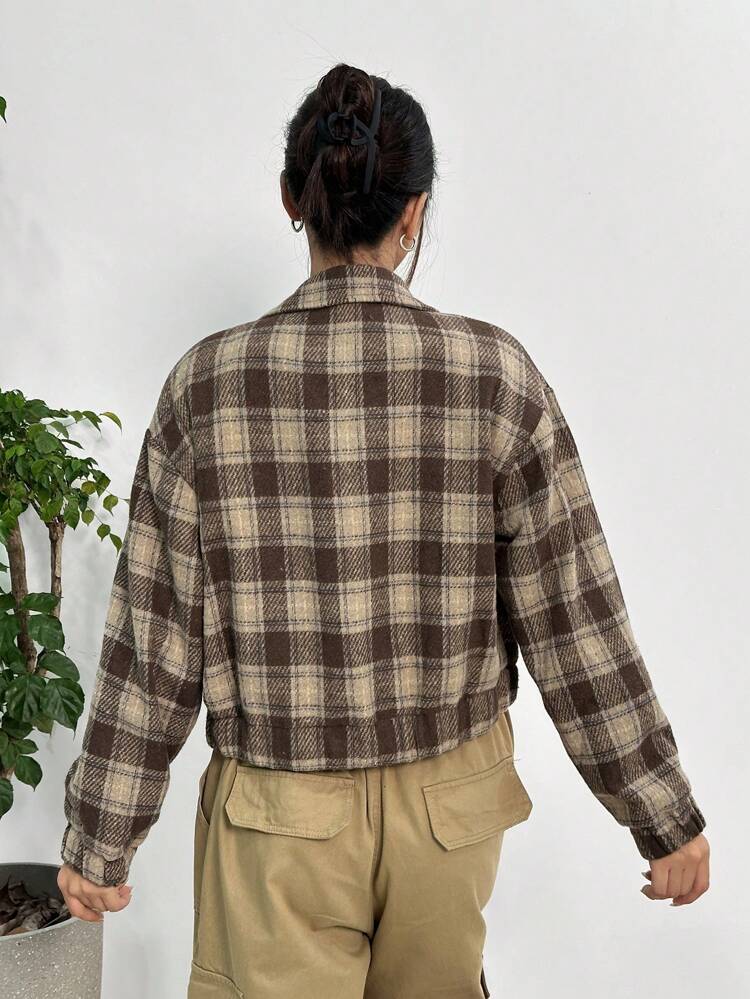 Plaid Print Drop Shoulder Flap Pocket Jacket Fall Cloth For Women