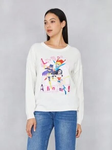 JUSTICE LEAGUE X SHEIN Cartoon & Letter Pattern Drop Shoulder Sweater - Putih - View 1
