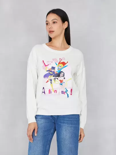 JUSTICE LEAGUE X SHEIN Cartoon & Letter Pattern Drop Shoulder Oversize Sweater Autumn And Winter