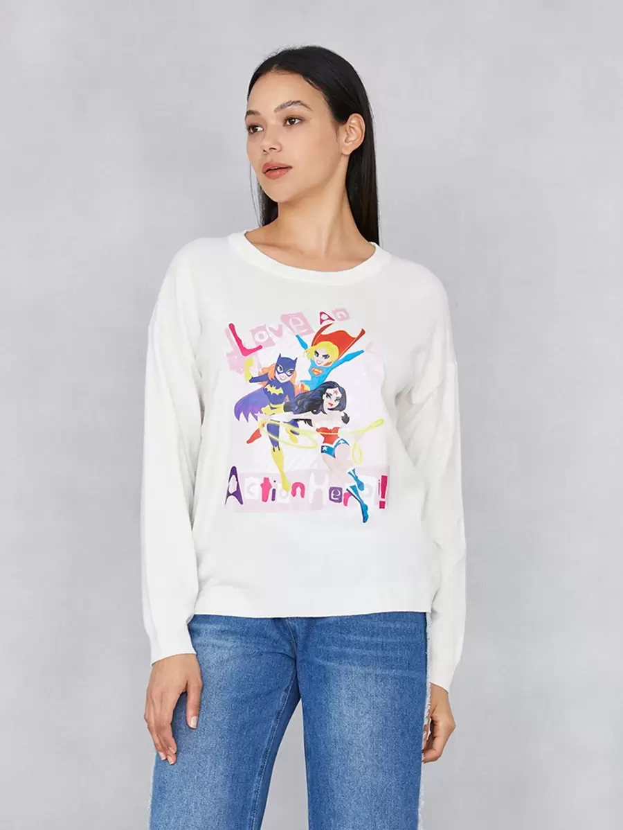 JUSTICE LEAGUE X SHEIN Cartoon & Letter Pattern Drop Shoulder Sweater - Putih - View 1