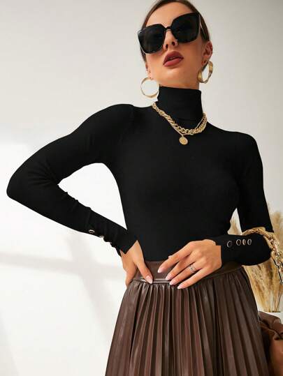 NOVVYNE High Neck Button Detail Ribbed Knit Sweater,Long Sleeve Tops