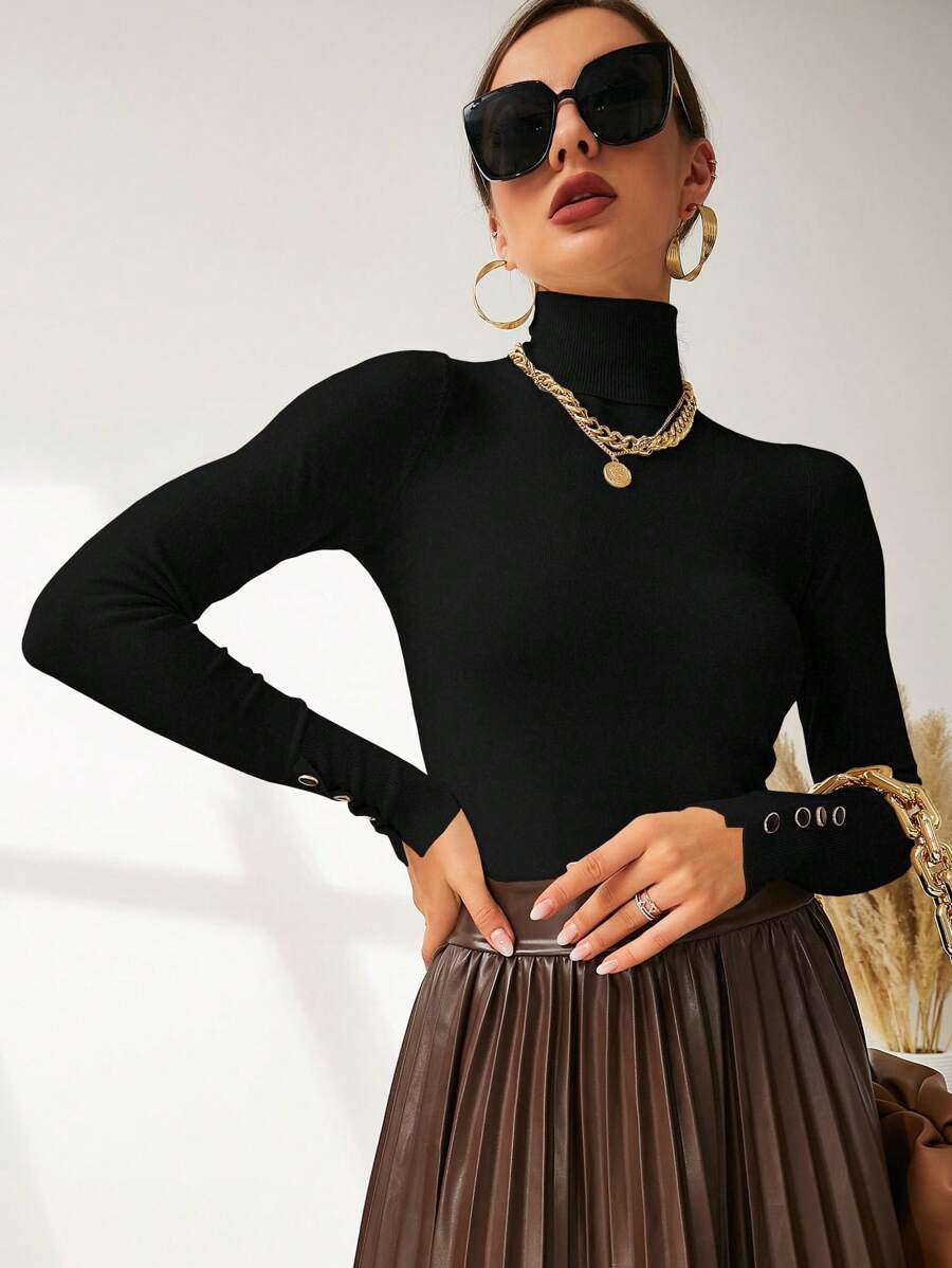 NOVVYNE High Neck Button Detail Ribbed Knit Sweater,Long Sleeve Tops - Black - View 1