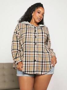 SHEIN CURVE+ Plus Plaid Print Drop Shoulder Drawstring Hooded Shirt