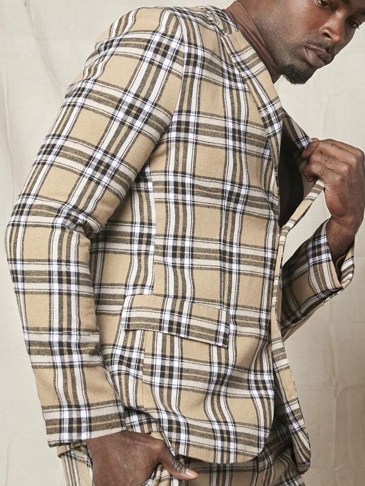 Men Plaid Print Lapel Neck Blazer, For Fall Winter
