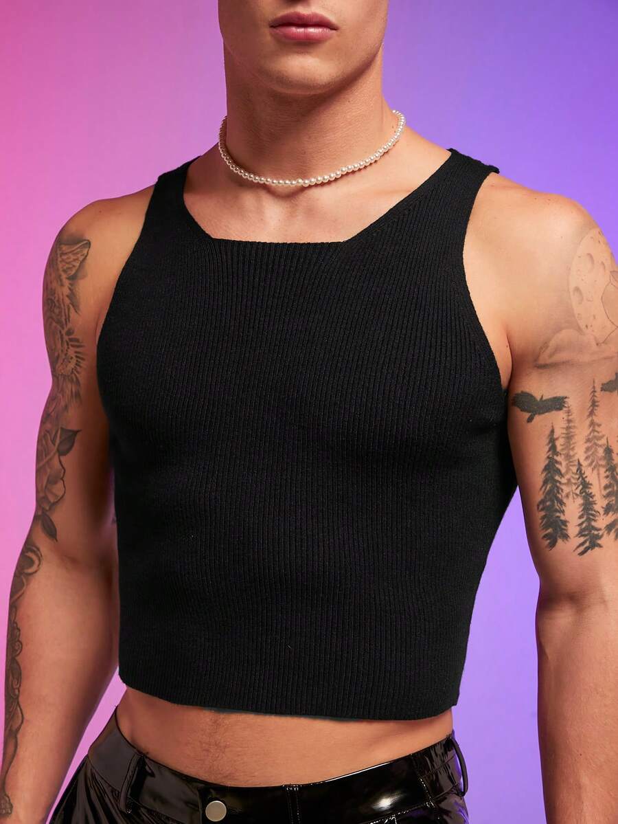 FeverCity 男士素色短款背心針織上衣 - 黑色 - 查看 1