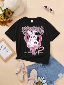 青少女休閒卡通短袖t恤,適合夏季穿著 - 黑色 - 查看 5