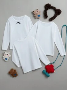 3pcs/Set Girls' Simple White Bowknot & Ribbon Long Sleeve Three-Piece Underwear Set