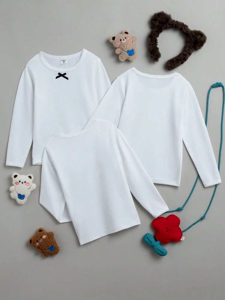 3pcs/Set Girls' Simple White Bowknot & Ribbon Long Sleeve Three-Piece Underwear Set