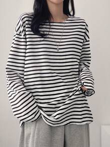 DAZY 1 件条纹落肩超大 T 恤，秋季服装，返校服装长袖女式上衣 - 白色 - 查看 4