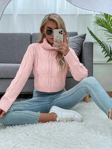 SHEIN Frenchy Turtleneck Cable Knit Crop Sweater - Pink - View 5