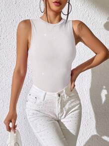 Allurite Solid Slim Fit Tank Bodysuit - White - View 3