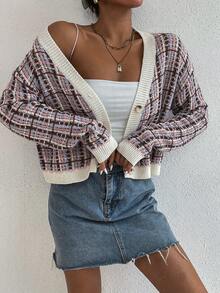 SHEIN Frenchy 格紋圖案落肩袖前紐扣開襟衫 - 粉色 - 查看 6