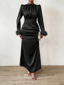 SHEIN Raffinéa Fuzzy Cuff Ruched Mock Neck Dress Maxi Women Outfit Fall Cloth For Women - Black - View 6
