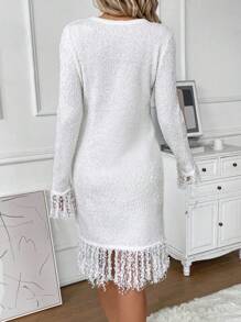 SHEIN Clasi Fringe Trim Sweater Dress - White - View 2