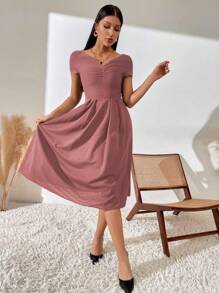 SHEIN Belle Solid Ruched Front A-line Dress - Dusty Pink - View 5
