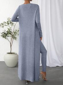 SHEIN Essnce con slogan tejido de canalé Top tank & Leggings & con parte delantera abierta Abrigo - Neblina azul - Ver 2