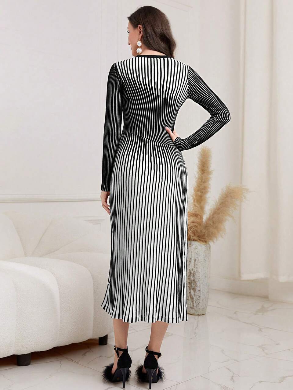 Striped Pattern A-line Sweater Dress