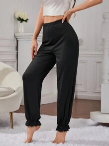 素色荷葉邊睡褲 - 黑色 - 查看 5