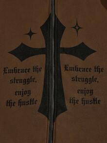 ROMWE MEN Academia Guys Slogan & Cross Graphic Zip Up Drawstring Thermal Lined Hoodie - Coffee Brown - View 4