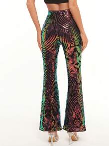 SHEIN BAE Christmas Sequin Flare Leg Pants - Multicolor - View 4