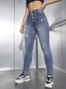 SHEIN EZwear 紐扣門襟破洞緊身牛仔褲 - 淺色水洗藍 - 查看 6