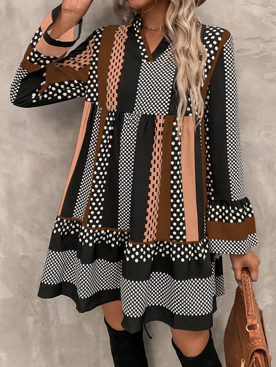 SHEIN LUNE Polka Dot Print Flounce Sleeve Ruffle Hem Smock Dress - Multicolor - View 1