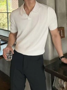 Manfinity Homme 男士罗纹针织纽扣办公室纯色休闲 Polo 衫，适合丈夫穿着，老钱风格