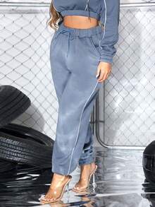 SHEIN SXY Contrast Piping Quần thể thao - Màu xanh lam - Xem 3