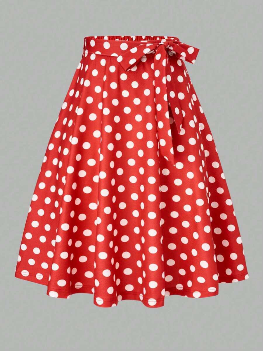 SHEIN Clasi 波尔卡圆点印花束带喇叭裙，适合新年服装