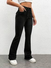 SHEIN EZwear Rhinestone and Embroidery Detail Flare Leg Jeans - Black - View 5
