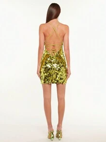 SHEIN BAE Của phụ nữ Vàng Kim sa Halter Neck Váy bodycon Đối với Hộp đêm - màu xanh lá - Xem 5