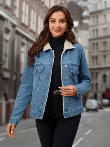 EMERY ROSE Flap Detail Teddy Lined Denim Jacket - Teal Blue - View 5