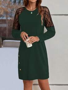 SHEIN LUNE Ren Nối Tay Raglan Đầm - Màu xanh lá cây đậm - Xem 4